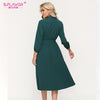 S.FLAVOR Green Single Breasted A-line Working Dress Elegant Pleated Autumn Dress For Women Winter Midi Vestidos De
