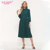S.FLAVOR Green Single Breasted A-line Working Dress Elegant Pleated Autumn Dress For Women Winter Midi Vestidos De
