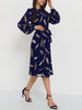 S.FLAVOR Women Feather Printing Chiffon Dress 2023 Spring Summer Long Sleeve Bohemian Midi Dresses Female Retro Vestidos
