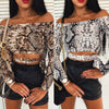 S-XL Women's Sexy Snake Printed Off Shoulder Tops Blouse Ladies Casual Slim Fit Long Sleeve Tee Shirt