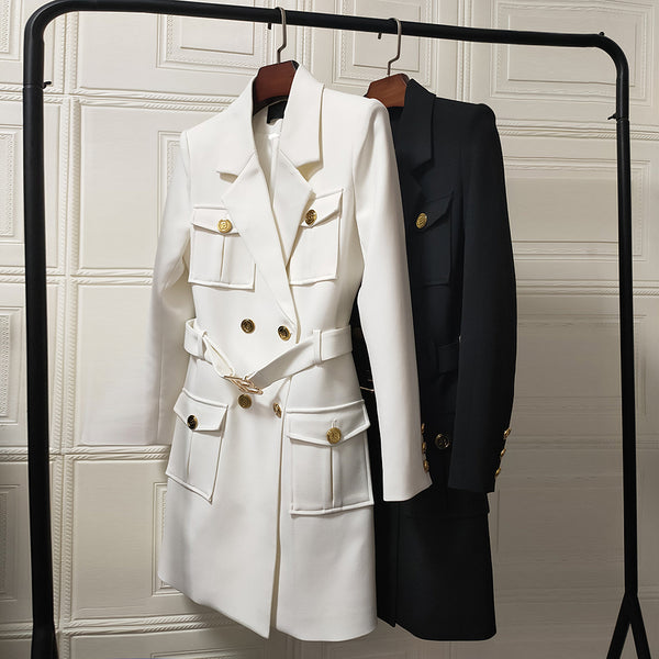 S-XXXLProduct Suit Collar Slim Temperament Dress Double Breasted Lace-up Long Coat Suit Skirt Commuting Simple Jacket Top