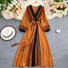 Spring Autumn Women Printed Long Dress Vintage Puff Long Sleeve High Waist A-Line Vestidos Female 2023 Beach Robe