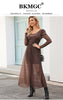 BKMGC Coffee Brown Sexy Chiffon Gauze Long Sleeve Scoop Neck Elegant 2023 Autumn High Waist Accordion Maxi Dress For Women
