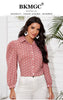 BKMGC Pink With White Dots Print Tops Button Up Turn Down Neck Slim Fit Long Puff Sleeves Shirt  Blouse For Women 2023 Autumn