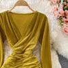 2023 Dress V-neck Long Sleeves Waist Fold MIDI Elegant Sexy Women's Yellow Black Green Evening Dress