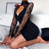 Women's Summer Sexy Lace Dress Female Long Sleeve V Neck Black Bodycon Mini Dresses