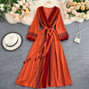 Spring Autumn Women Printed Long Dress Vintage Puff Long Sleeve High Waist A-Line Vestidos Female 2023 Beach Robe