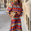 2023  Spring High Neck 3/4 Sleeves Vintage Print Long Dress Women Dresses Bohemian Pattern Vestidos Robe