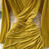 2023 Dress V-neck Long Sleeves Waist Fold MIDI Elegant Sexy Women's Yellow Black Green Evening Dress