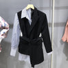 [EWQ]  Full Sleeve Irregular Women's Suit Jacket 2023 autumn Women Blazer Striped Patchwork Fake Two Belt Ladies Black Coat