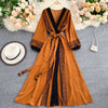 Spring Autumn Women Printed Long Dress Vintage Puff Long Sleeve High Waist A-Line Vestidos Female 2023 Beach Robe