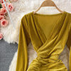2023 Dress V-neck Long Sleeves Waist Fold MIDI Elegant Sexy Women's Yellow Black Green Evening Dress