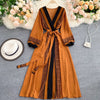 Spring Autumn Women Printed Long Dress Vintage Puff Long Sleeve High Waist A-Line Vestidos Female 2023 Beach Robe