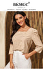 BKMGC Solid Champagne Khaki Autumn Women Blouse Loose Fit Waist Square Neck Backline Pullover Shirt Office Lady Dailywear #5013