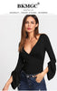 BKMGC Solid Black V Neck Petal Sleeves Sim Fit T Shirt For Women Autumn Wrap Over Design Top Office Lady Casual Sexy Clothing