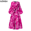 Bohemian Dress VONDA 2023 Spring Women Long Lantern Sleeve Maxi Dresses Pleated Printed Baggy Bow Party Beach Vestidos Oversized