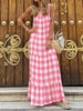 Summer Beach Casual Loose Long Dress Women Elegant Square Neck Sleeveless Dresses 2023 Retro Plaid Pattern Maxi Dresses