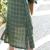 S992 Yarn Dyed Flax Dress Thin Lattice Chinese Style Longuette Robe Small Single dress