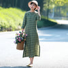 S992 Yarn Dyed Flax Dress Thin Lattice Chinese Style Longuette Robe Small Single dress
