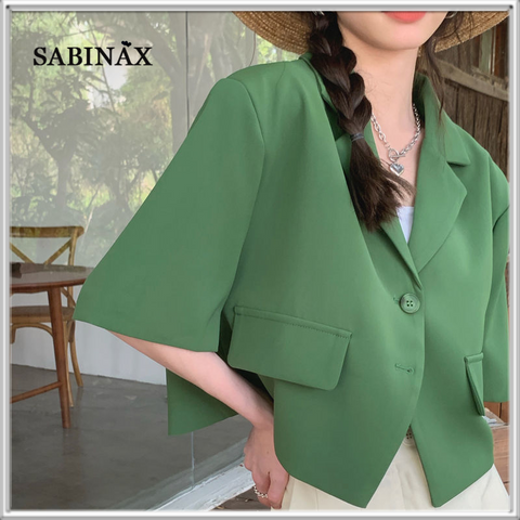 SABINAX Women's Blazers Spring 2023 Summer Korean Drape Solid Green Short-sleeved Suit Short Jacket Black Coat Women's Clothing
