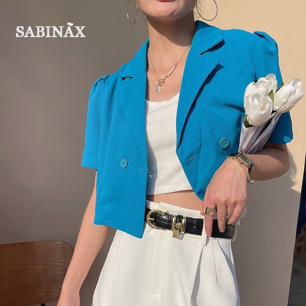 SABINAX Women's Blazers Spring 2023 Summer Korean Drape Solid Short-sleeved Suit Short Jacket Blue Coat Women's Clothing