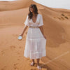 QI Cowboy maxi Dress White Deep V neckline Crochet frill trim summer dress flare sleeve boho dress chic dress women 2022