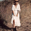 QI Cowboy maxi Dress White Deep V neckline Crochet frill trim summer dress flare sleeve boho dress chic dress women 2022