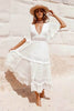 QI Cowboy maxi Dress White Deep V neckline Crochet frill trim summer dress flare sleeve boho dress chic dress women 2022
