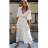 QI Cowboy maxi Dress White Deep V neckline Crochet frill trim summer dress flare sleeve boho dress chic dress women 2022
