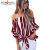 2022 Autumn Summer Sexy Half Sleeves Off Shoulder Blouse Women Slash neck Blusas Vertical Stripes Shirt Ladies Tops XXL