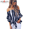 2022 Autumn Summer Sexy Half Sleeves Off Shoulder Blouse Women Slash neck Blusas Vertical Stripes Shirt Ladies Tops XXL