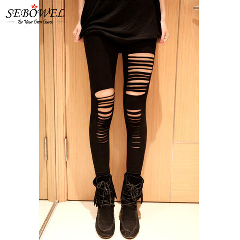 Good Stretch Basic Holes Ripped Leggings Women Punk Rock Fashion Black High Waist Leggings Casual Jeggings Legins