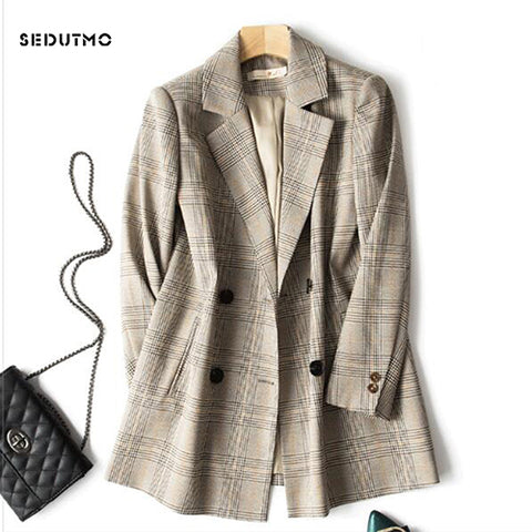 2022 Spring Autumn Plaid Blazer Women Long Suit Jacket Double Breasted Blazer Vintage Pocket Office Coat ED296