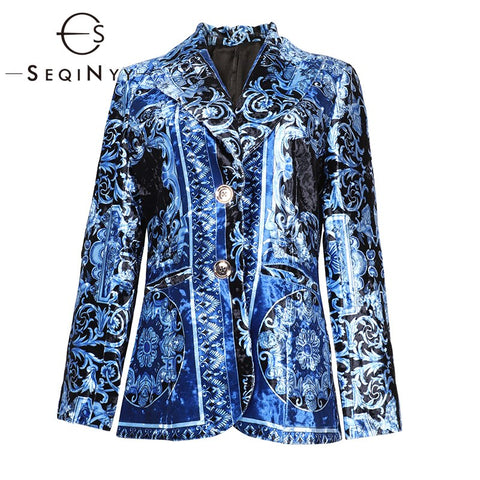 SEQINYY Velvet Jacket 2022 Autumn Winter Women Design Long Sleeve Vintage Printed Short Blazer Blue