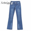 Womens Ligth Blue Slim Flare Jeans Low Waisted Stretch Denim Female Bell Skinny Pants & Long Jean Trousers