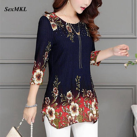 SEXMKL 2023 Spring Summer Three Quarter Slim Floral Long Shirt Female Casual Slim Color Plus Size Elegant Printed Blouse
