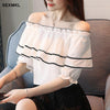 Women's Off Shoulder Top 2022 Casual Summer Ruffle White Blouse Korean Girls Short Sleeve Pink Ladies Tops Chiffon Shirts