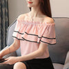 Women's Off Shoulder Top 2022 Casual Summer Ruffle White Blouse Korean Girls Short Sleeve Pink Ladies Tops Chiffon Shirts