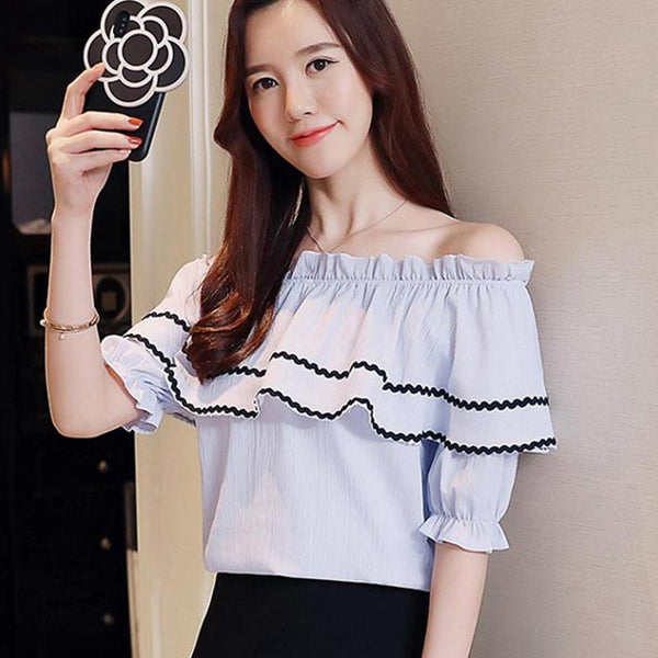 Women's Off Shoulder Top 2022 Casual Summer Ruffle White Blouse Korean Girls Short Sleeve Pink Ladies Tops Chiffon Shirts