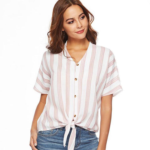 Women's Summer Striped Blouse 2022 Casual Short Sleeve Top Female White Blouse Femme V Neck Ladies Blouses Chiffon Shirt