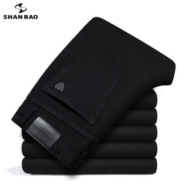 SHAN BAO 2022 Autumn Brand Pure Black Fitted Straight Jeans Classic Style Young Men's Casual Slim Stretch Denim Jeans