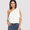 Beige Party Sexy Elegant Backless Ruffle Trim Knotted One Shoulder Solid Top Summer Women Weekend Casual Going Out Vest