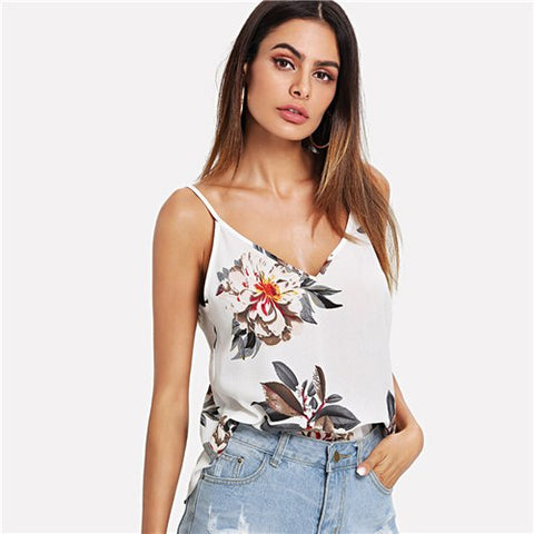 Beige Vacation Sexy Backless Boho Bohemian Beach Double V-Neck Floral Print Cami Top Summer Women Casual Vest