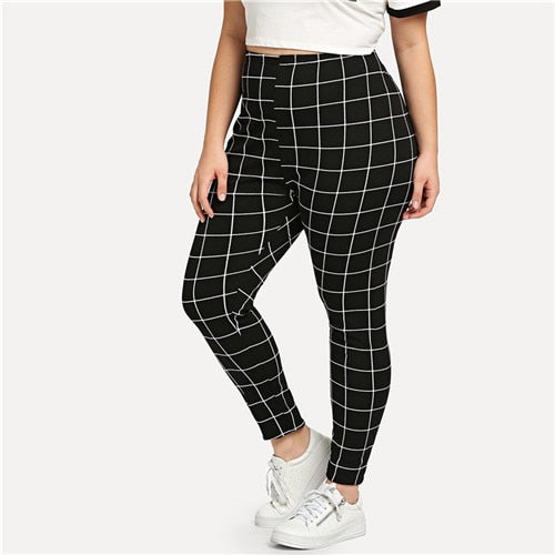 Black And White Plaid Plus Size Fitness Women Work Out Leggings Spring Autumn Grid Print Skinny Long Casual Legging