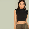 Black Elegant Stand Collar Mock Neck Ruffle Armhole Skinny Crop Top Summer Women Party Sexy Solid Vest