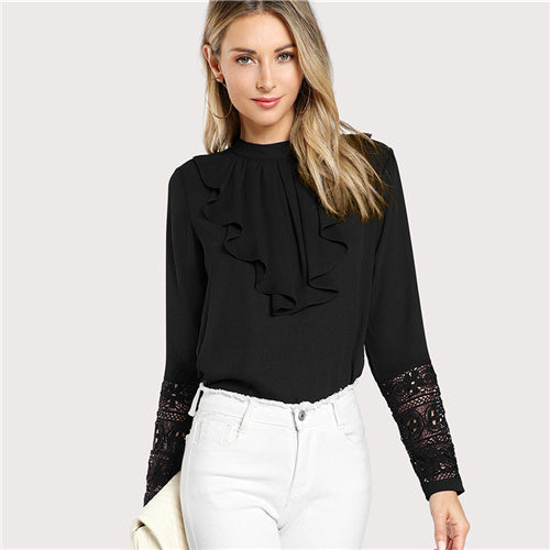Black Streetwear Elegant Office Lady Minimalist Flounce Neck Lace Cuff Ruffle Solid Blouse Autumn Women Workwear Shirt Top