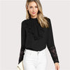 Black Streetwear Elegant Office Lady Minimalist Flounce Neck Lace Cuff Ruffle Solid Blouse Autumn Women Workwear Shirt Top