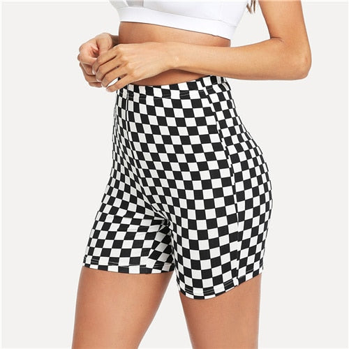 Black and White Checked Print Short Leggings Plaid Fitness Sporying Clothing Women Athleisure Workout Leggings