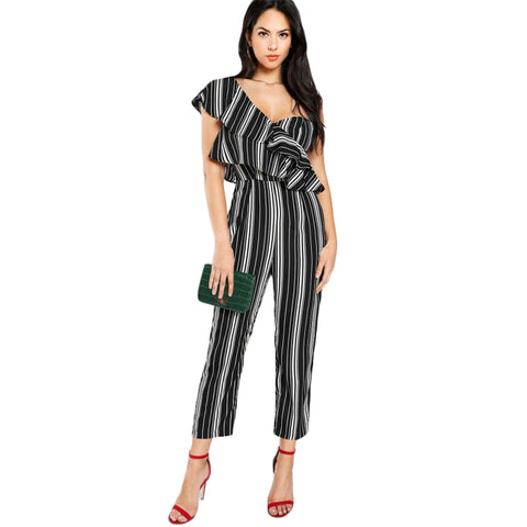 Black and White Striped Jumpsuit for Women Summer One Shoulder Tiered Layer Sleeveless Mid Waist Party Jumpsuit