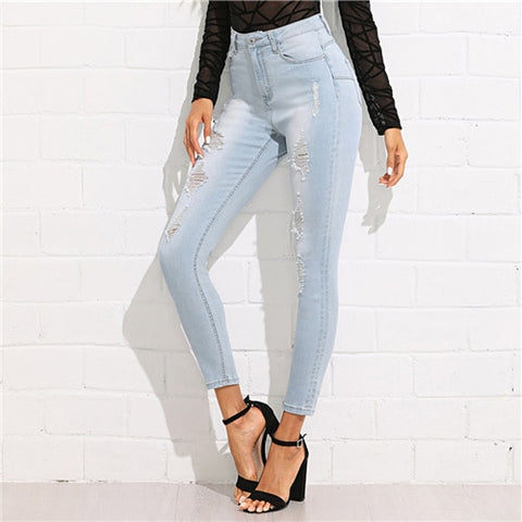 Bleach Wash Ripped Jeans 2022 Summer Blue Mid Waist Crop Pocket Jeans Women Ripped Denim Casual Pants